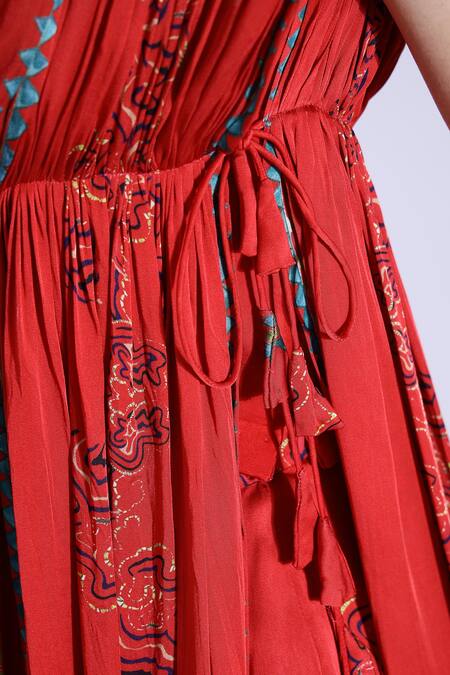 Studio Surbhi Red Georgette, Satin V-neck Printed Slit Anarkali With Pant at Aza Fashions Studio Surbhi_Red Georgette, Satin V-neck Printed Slit Anarkali With Pant _at_Aza_Fashions