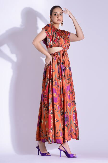 Studio Surbhi Orange Georgette, Satin Round Neck Printed Backless Kaftan Gown Online at Aza Fashions Studio Surbhi_Orange Georgette, Satin Round Neck Printed Backless Kaftan Gown _Online_at_Aza_Fashions