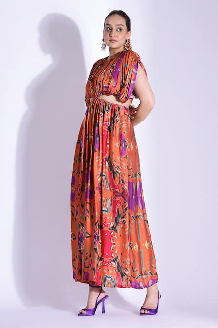 Buy Studio Surbhi Orange Georgette, Satin Round Neck Printed Backless Kaftan Gown Online at Aza Fashions Buy_Studio Surbhi_Orange Georgette, Satin Round Neck Printed Backless Kaftan Gown _Online_at_Aza_Fashions
