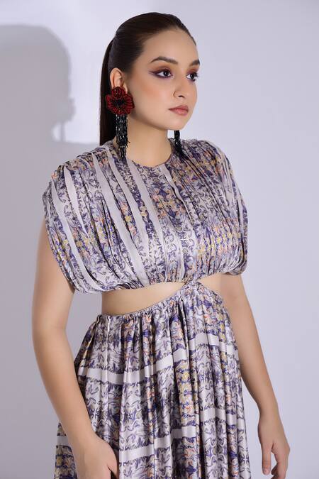 Buy_Studio Surbhi_Grey Georgette, Satin Round Neck Printed Backless Draped Kaftan Gown_Online_at_Aza_Fashions