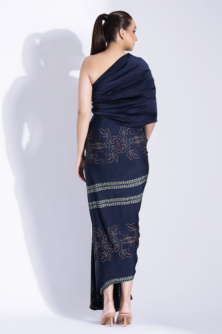 Shop Studio Surbhi Blue Georgette One Shoulder Hand Draped Saree Gown at Aza Fashions Shop_Studio Surbhi_Blue Georgette One Shoulder Hand Draped Saree Gown _at_Aza_Fashions