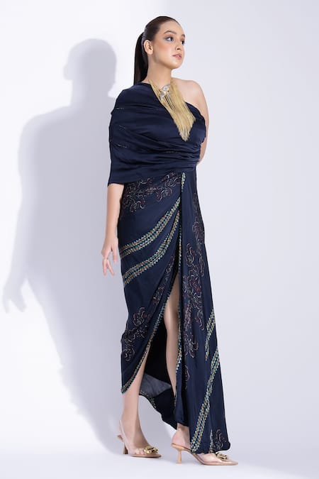 Buy Studio Surbhi Blue Georgette One Shoulder Hand Draped Saree Gown Online at Aza Fashions Buy_Studio Surbhi_Blue Georgette One Shoulder Hand Draped Saree Gown _Online_at_Aza_Fashions