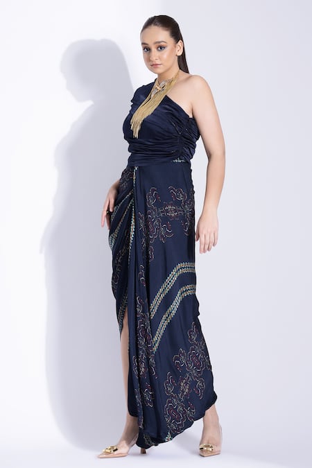 Shop Studio Surbhi Blue Georgette One Shoulder Hand Draped Saree Gown Online at Aza Fashions Shop_Studio Surbhi_Blue Georgette One Shoulder Hand Draped Saree Gown _Online_at_Aza_Fashions