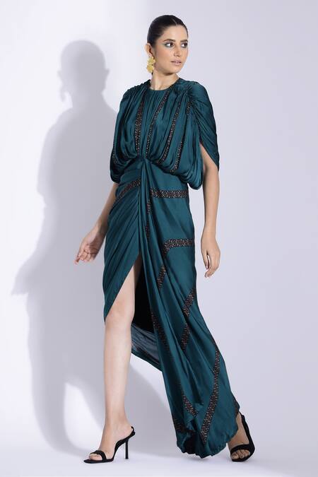 Buy_Studio Surbhi_Green Georgette, Satin Embroidery Round Neck Hand Draped Printed Kaftan Gown _Online_at_Aza_Fashions