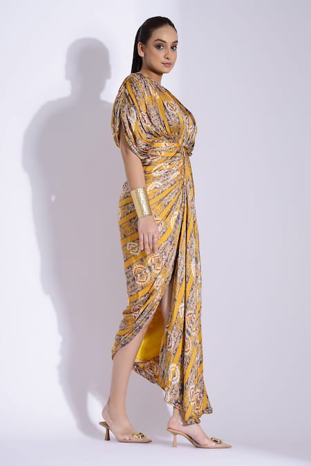 Studio Surbhi Yellow Georgette, Satin Round Neck Printed Hand Draped Kaftan Gown Online at Aza Fashions Studio Surbhi_Yellow Georgette, Satin Round Neck Printed Hand Draped Kaftan Gown _Online_at_Aza_Fashions