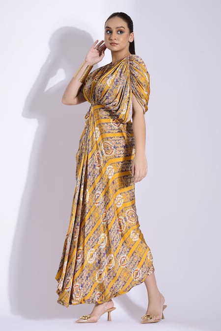 Buy Studio Surbhi Yellow Georgette, Satin Round Neck Printed Hand Draped Kaftan Gown Online at Aza Fashions Buy_Studio Surbhi_Yellow Georgette, Satin Round Neck Printed Hand Draped Kaftan Gown _Online_at_Aza_Fashions