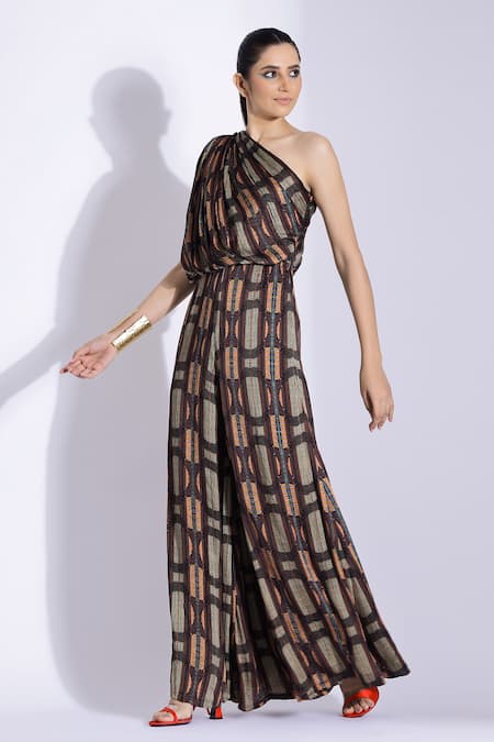 Studio Surbhi_Brown Georgette, Satin One Shoulder Hand Draped Jumpsuit _Online_at_Aza_Fashions