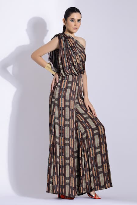 Buy_Studio Surbhi_Brown Georgette, Satin One Shoulder Hand Draped Jumpsuit _Online_at_Aza_Fashions