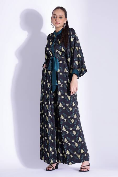Studio Surbhi_Green Georgette, Satin Mandarin Collar Printed Kimono Jumpsuit With Belt _Online_at_Aza_Fashions