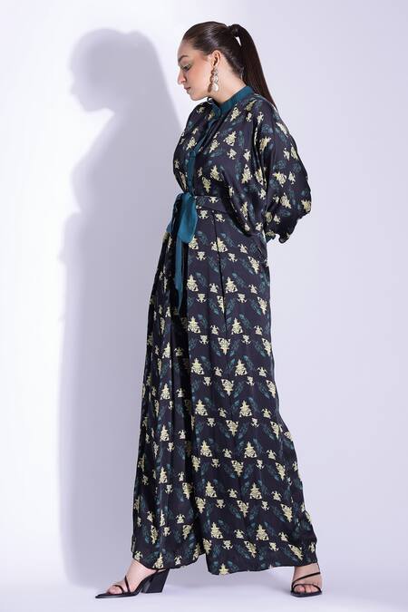 Shop_Studio Surbhi_Green Georgette, Satin Mandarin Collar Printed Kimono Jumpsuit With Belt _Online_at_Aza_Fashions