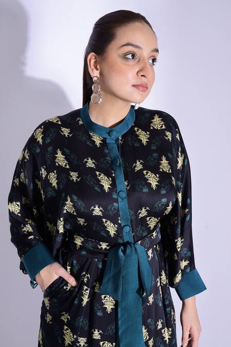 Studio Surbhi_Green Georgette, Satin Mandarin Collar Printed Kimono Jumpsuit With Belt _at_Aza_Fashions