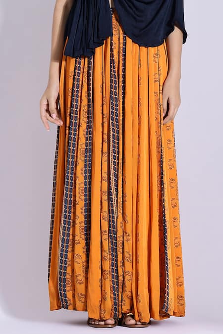 Studio Surbhi_Orange Georgette, Satin Embroidery V-neck Draped Blouse And Printed Skirt Set _Online_at_Aza_Fashions