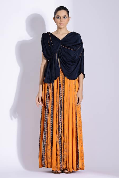 Buy_Studio Surbhi_Orange Georgette, Satin Embroidery V-neck Draped Blouse And Printed Skirt Set _Online_at_Aza_Fashions