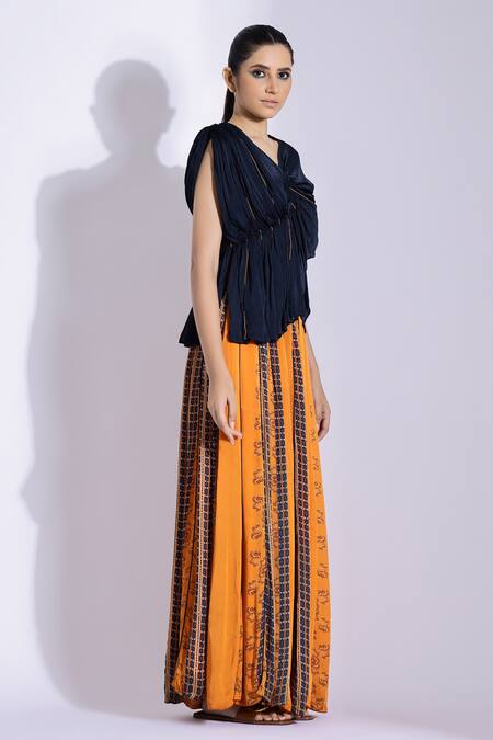Shop_Studio Surbhi_Orange Georgette, Satin Embroidery V-neck Draped Blouse And Printed Skirt Set _Online_at_Aza_Fashions