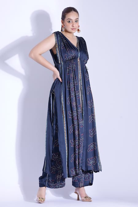 Studio Surbhi_Blue Georgette, Satin V-neck Hand Draped Anarkali Pant Set _Online_at_Aza_Fashions