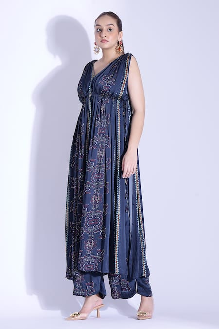 Buy_Studio Surbhi_Blue Georgette, Satin V-neck Hand Draped Anarkali Pant Set _Online_at_Aza_Fashions