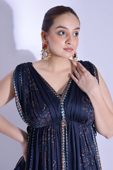 Shop_Studio Surbhi_Blue Georgette, Satin V-neck Hand Draped Anarkali Pant Set _Online_at_Aza_Fashions