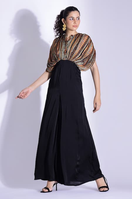 Shop Studio Surbhi Black Georgette, Satin Split V-neck Abstract Print Bodice Jumpsuit at Aza Fashions Shop_Studio Surbhi_Black Georgette, Satin Split V-neck Abstract Print Bodice Jumpsuit _at_Aza_Fashions