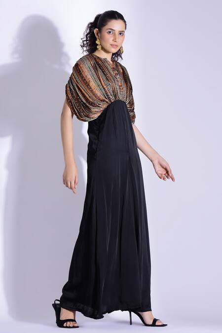 Studio Surbhi Black Georgette, Satin Split V-neck Abstract Print Bodice Jumpsuit Online at Aza Fashions Studio Surbhi_Black Georgette, Satin Split V-neck Abstract Print Bodice Jumpsuit _Online_at_Aza_Fashions