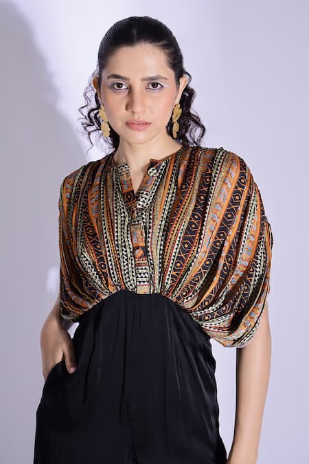 Buy Studio Surbhi Black Georgette, Satin Split V-neck Abstract Print Bodice Jumpsuit Online at Aza Fashions Buy_Studio Surbhi_Black Georgette, Satin Split V-neck Abstract Print Bodice Jumpsuit _Online_at_Aza_Fashions