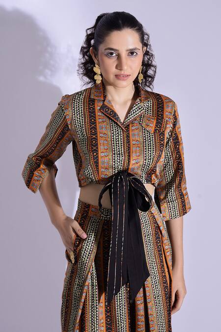 Shop Studio Surbhi Multi Color Cotton, Silk Collared Abstract Print Shirt With Pant Online at Aza Fashions Shop_Studio Surbhi_Multi Color Cotton, Silk Collared Abstract Print Shirt With Pant _Online_at_Aza_Fashions