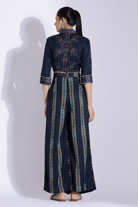 Shop Studio Surbhi Blue Cotton, Silk Embroidery Collared Front Knotted Shirt With Pant at Aza Fashions Shop_Studio Surbhi_Blue Cotton, Silk Embroidery Collared Front Knotted Shirt With Pant _at_Aza_Fashions