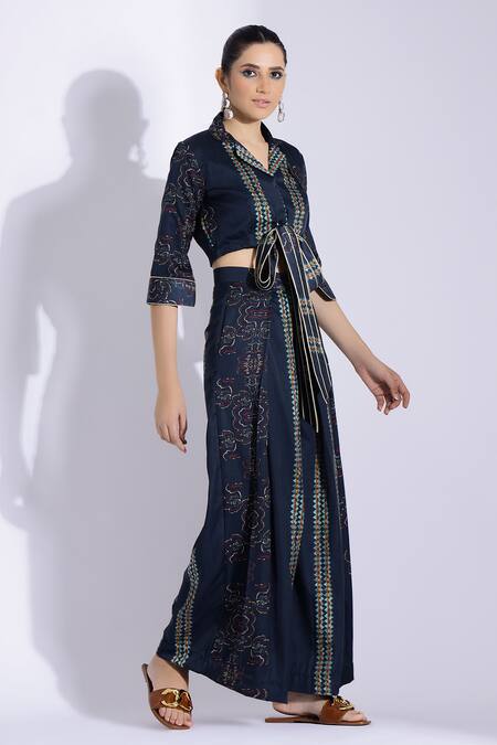 Buy Studio Surbhi Blue Cotton, Silk Embroidery Collared Front Knotted Shirt With Pant Online at Aza Fashions Buy_Studio Surbhi_Blue Cotton, Silk Embroidery Collared Front Knotted Shirt With Pant _Online_at_Aza_Fashions