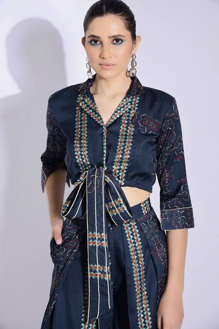 Shop Studio Surbhi Blue Cotton, Silk Embroidery Collared Front Knotted Shirt With Pant Online at Aza Fashions Shop_Studio Surbhi_Blue Cotton, Silk Embroidery Collared Front Knotted Shirt With Pant _Online_at_Aza_Fashions