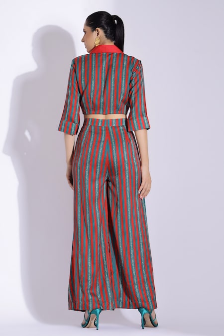 Shop Studio Surbhi Red Cotton, Silk Bows Bandeau Neck Stripe Print Shirt With Pant at Aza Fashions Shop_Studio Surbhi_Red Cotton, Silk Bows Bandeau Neck Stripe Print Shirt With Pant _at_Aza_Fashions
