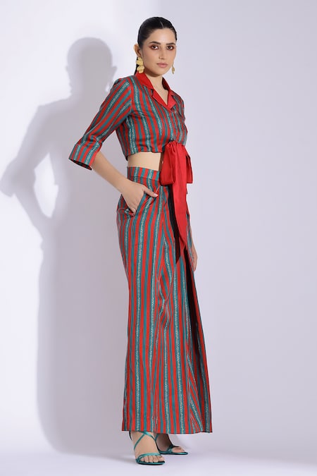 Studio Surbhi Red Cotton, Silk Bows Bandeau Neck Stripe Print Shirt With Pant Online at Aza Fashions Studio Surbhi_Red Cotton, Silk Bows Bandeau Neck Stripe Print Shirt With Pant _Online_at_Aza_Fashions
