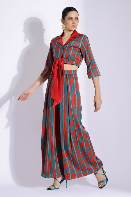 Buy Studio Surbhi Red Cotton, Silk Bows Bandeau Neck Stripe Print Shirt With Pant Online at Aza Fashions Buy_Studio Surbhi_Red Cotton, Silk Bows Bandeau Neck Stripe Print Shirt With Pant _Online_at_Aza_Fashions