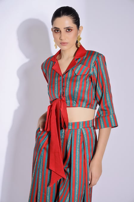 Shop Studio Surbhi Red Cotton, Silk Bows Bandeau Neck Stripe Print Shirt With Pant Online at Aza Fashions Shop_Studio Surbhi_Red Cotton, Silk Bows Bandeau Neck Stripe Print Shirt With Pant _Online_at_Aza_Fashions