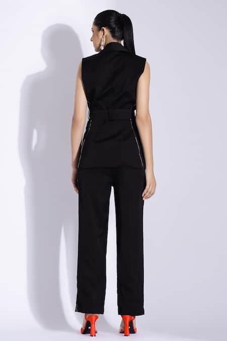 Shop Studio Surbhi Black Cotton, Silk V-neck Stripe Pattern Jacket With Pant at Aza Fashions Shop_Studio Surbhi_Black Cotton, Silk V-neck Stripe Pattern Jacket With Pant _at_Aza_Fashions