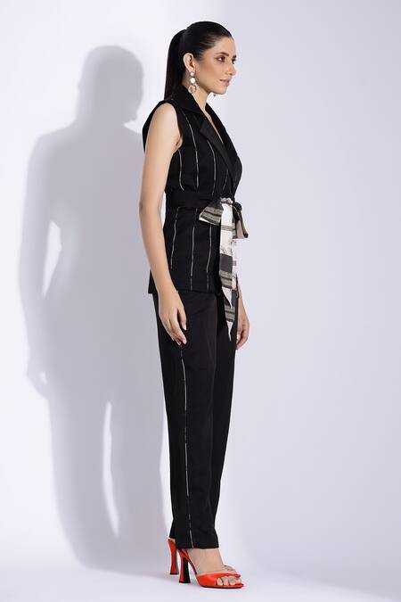 Studio Surbhi Black Cotton, Silk V-neck Stripe Pattern Jacket With Pant Online at Aza Fashions Studio Surbhi_Black Cotton, Silk V-neck Stripe Pattern Jacket With Pant _Online_at_Aza_Fashions