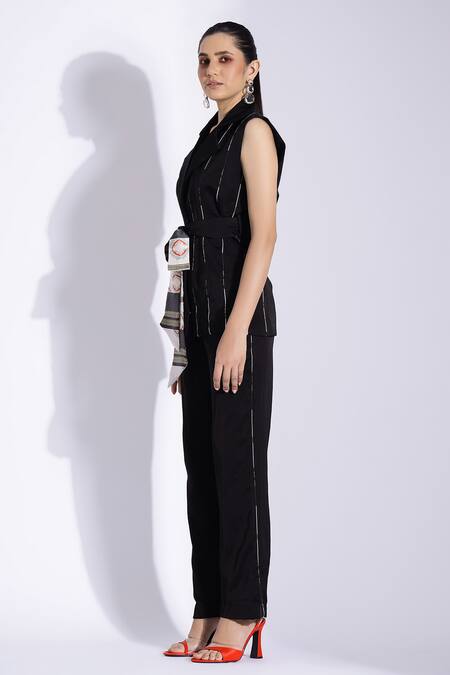 Buy Studio Surbhi Black Cotton, Silk V-neck Stripe Pattern Jacket With Pant Online at Aza Fashions Buy_Studio Surbhi_Black Cotton, Silk V-neck Stripe Pattern Jacket With Pant _Online_at_Aza_Fashions