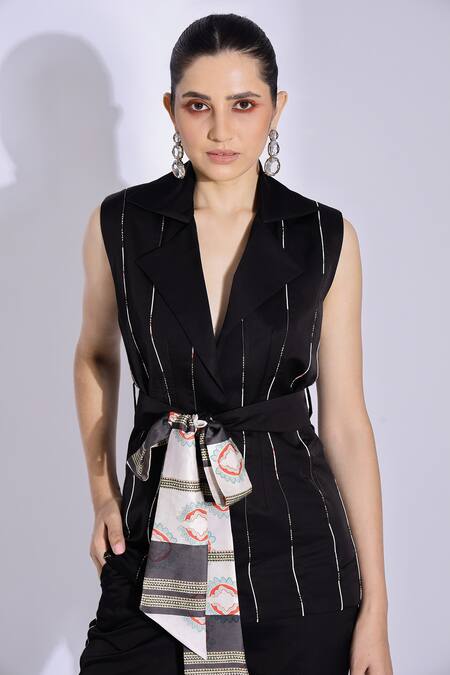 Shop Studio Surbhi Black Cotton, Silk V-neck Stripe Pattern Jacket With Pant Online at Aza Fashions Shop_Studio Surbhi_Black Cotton, Silk V-neck Stripe Pattern Jacket With Pant _Online_at_Aza_Fashions