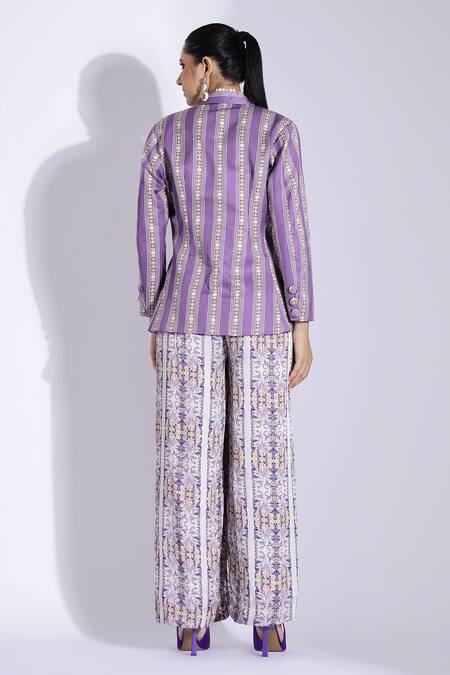 Shop Studio Surbhi Purple Cotton, Silk Collared Abstract Print Jacket at Aza Fashions Shop_Studio Surbhi_Purple Cotton, Silk Collared Abstract Print Jacket _at_Aza_Fashions
