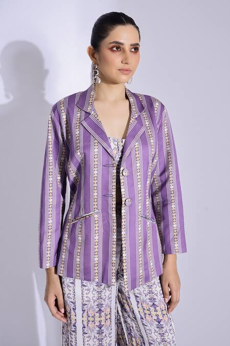 Studio Surbhi Purple Cotton, Silk Collared Abstract Print Jacket at Aza Fashions Studio Surbhi_Purple Cotton, Silk Collared Abstract Print Jacket _at_Aza_Fashions