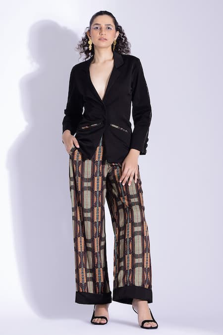 Studio Surbhi Black Cotton, Silk Collared Jacket With Abstract Print Pant 