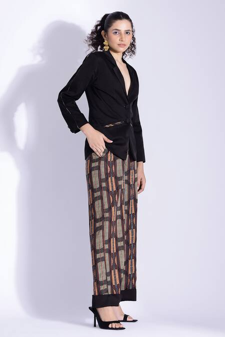 Buy Studio Surbhi Black Cotton, Silk Collared Jacket With Abstract Print Pant Online at Aza Fashions Buy_Studio Surbhi_Black Cotton, Silk Collared Jacket With Abstract Print Pant _Online_at_Aza_Fashions