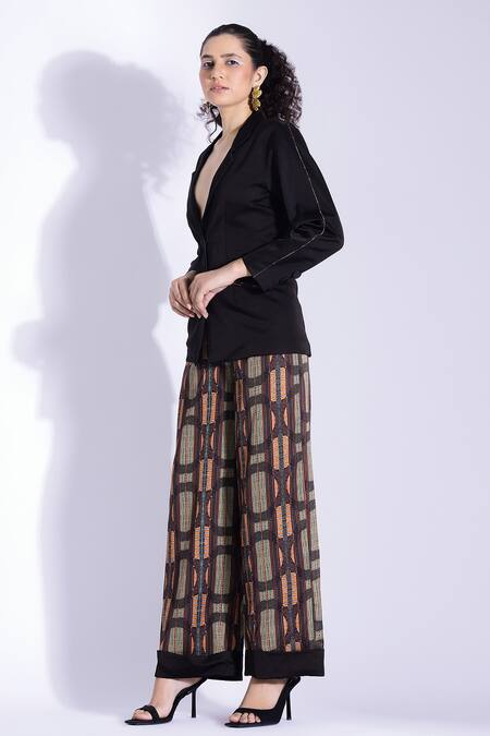 Shop Studio Surbhi Black Cotton, Silk Collared Jacket With Abstract Print Pant Online at Aza Fashions Shop_Studio Surbhi_Black Cotton, Silk Collared Jacket With Abstract Print Pant _Online_at_Aza_Fashions