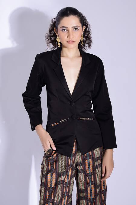 Studio Surbhi Black Cotton, Silk Collared Jacket With Abstract Print Pant at Aza Fashions Studio Surbhi_Black Cotton, Silk Collared Jacket With Abstract Print Pant _at_Aza_Fashions