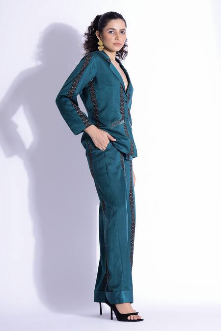 Studio Surbhi_Blue Cotton, Silk Embroidery Placement Tribal Print Jacket With Pant _Online_at_Aza_Fashions