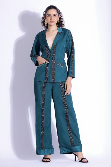 Shop_Studio Surbhi_Blue Cotton, Silk Embroidery Placement Tribal Print Jacket With Pant _Online_at_Aza_Fashions