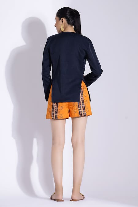 Shop Studio Surbhi Blue Cotton, Silk Collared Jacket With Abstract Print Shorts at Aza Fashions Shop_Studio Surbhi_Blue Cotton, Silk Collared Jacket With Abstract Print Shorts _at_Aza_Fashions