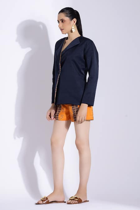 Studio Surbhi Blue Cotton, Silk Collared Jacket With Abstract Print Shorts Online at Aza Fashions Studio Surbhi_Blue Cotton, Silk Collared Jacket With Abstract Print Shorts _Online_at_Aza_Fashions