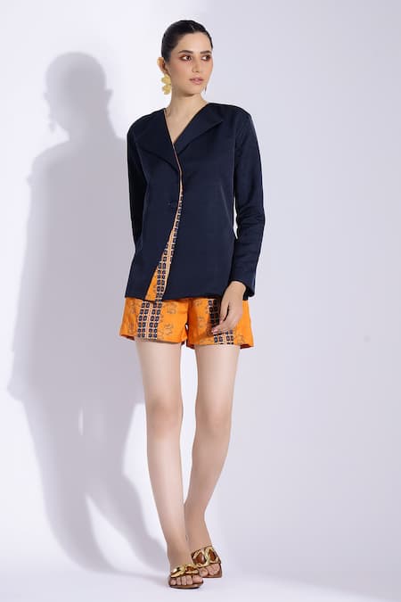 Buy Studio Surbhi Blue Cotton, Silk Collared Jacket With Abstract Print Shorts Online at Aza Fashions Buy_Studio Surbhi_Blue Cotton, Silk Collared Jacket With Abstract Print Shorts _Online_at_Aza_Fashions