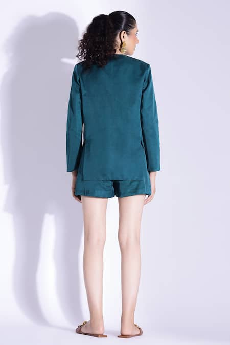 Shop Studio Surbhi Blue Cotton, Silk Collared Jacket With Shorts at Aza Fashions Shop_Studio Surbhi_Blue Cotton, Silk Collared Jacket With Shorts _at_Aza_Fashions