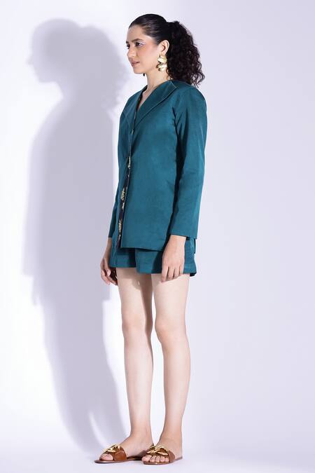 Studio Surbhi Blue Cotton, Silk Collared Jacket With Shorts Online at Aza Fashions Studio Surbhi_Blue Cotton, Silk Collared Jacket With Shorts _Online_at_Aza_Fashions