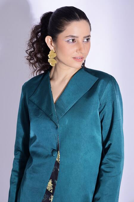 Shop Studio Surbhi Blue Cotton, Silk Collared Jacket With Shorts Online at Aza Fashions Shop_Studio Surbhi_Blue Cotton, Silk Collared Jacket With Shorts _Online_at_Aza_Fashions